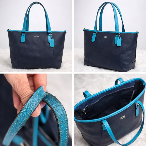 Coach Handbags - Coach Navy Leather Tote Bag Bright Blue Trim Shoulder Bag